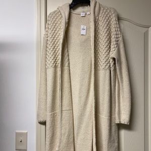 NWT Gap Ivory Knit Fringe Long Hooded Cardigan M
